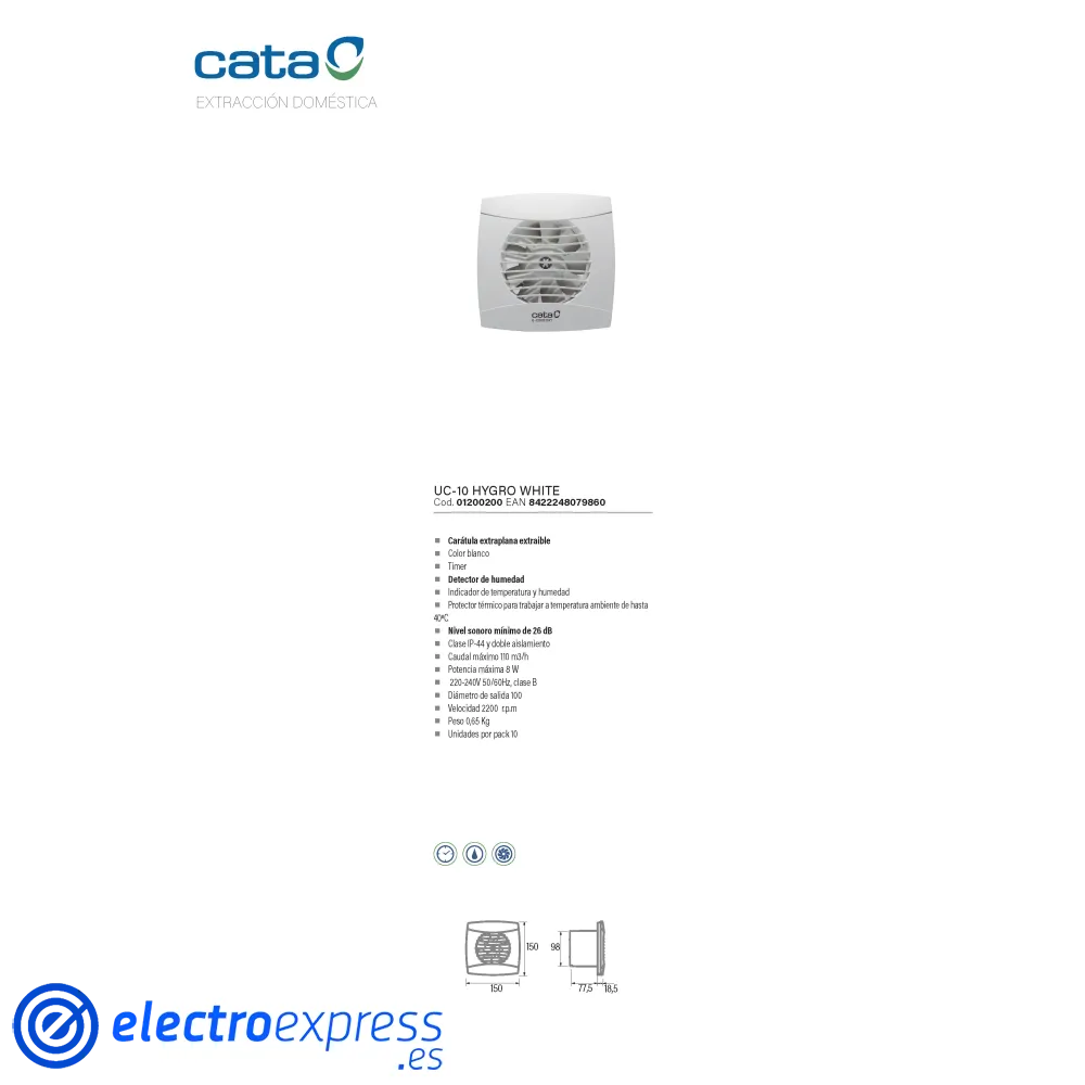 Extractor de Baño UC-10 Hygro White CATA con Carátula Extraplana Extraíble,  Timer, Detector de Humedad, Potencia 8W, 2200 r.p.m, Color Blanco